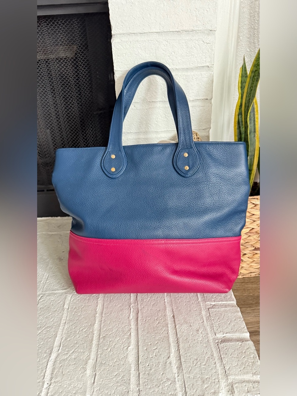Keesan Thompson Leather Tote Bag Blue Pink Colorblock Pebbled Leather Shopper